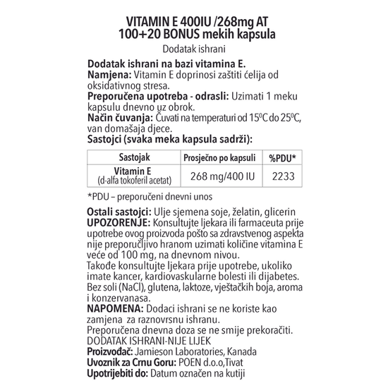 Vitamin E 400IU, 100+20 softgel kapsula