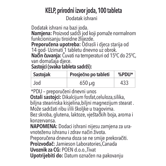 Kelp, morska alga, prirodni izvor Joda, 100 tableta